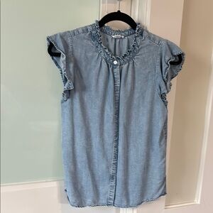 Chambray Ruffle Sleeve Button-Up Top